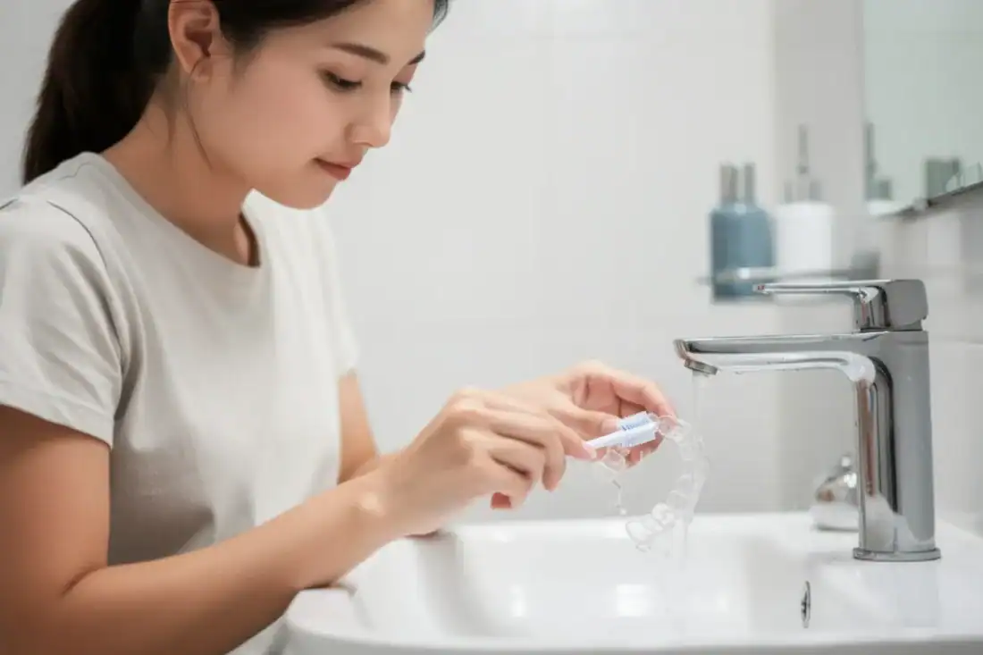 A woman is cleaning her removable retainers with a soft toothbrush