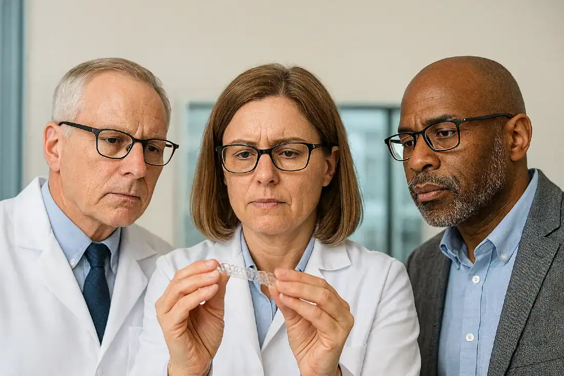 three orthodontic professors busy with blind review