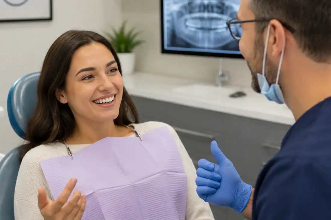 Smiling patient and dentist consultation