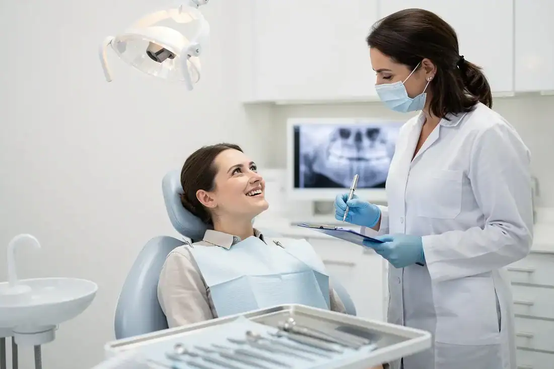 The image shows a patient sitting in an orthodontic office