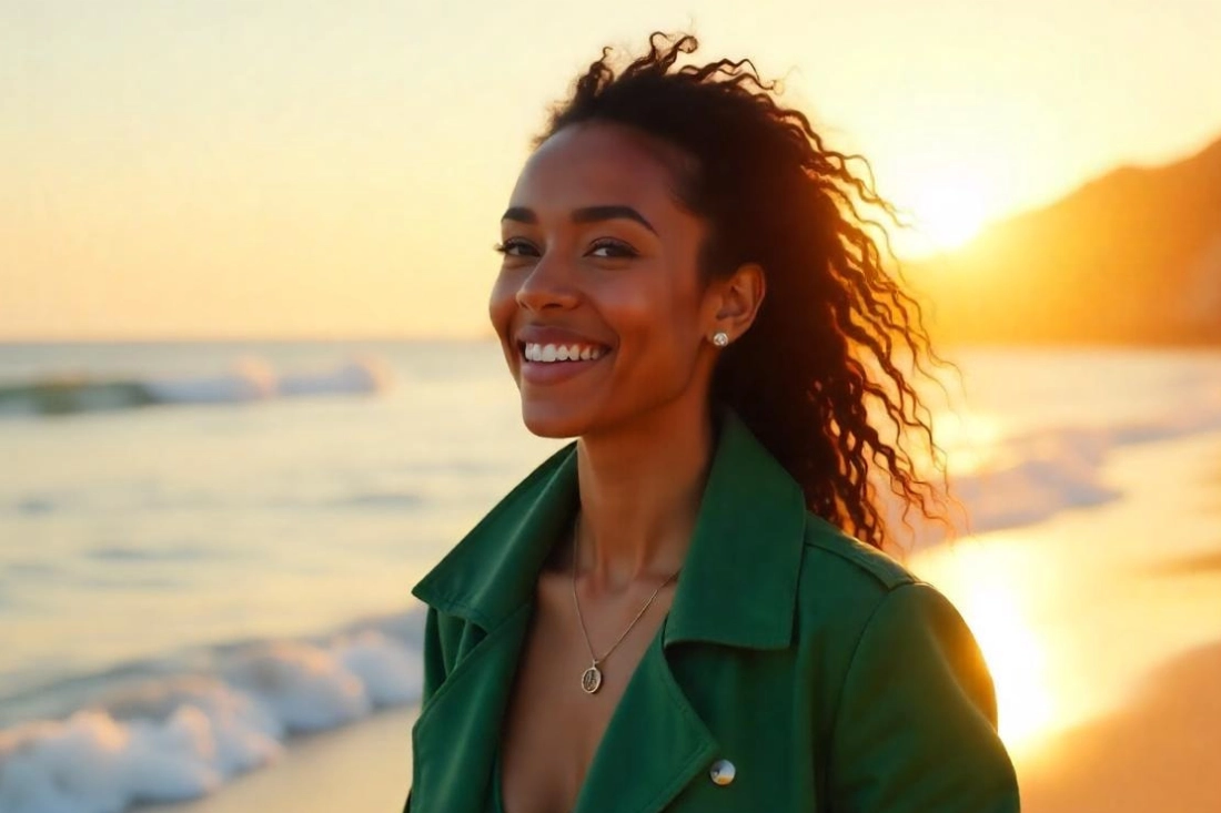 A woman on the beach wearing her best smile.