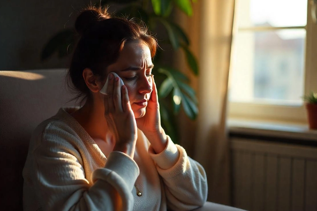 A woman pressing a cold compress against her face.