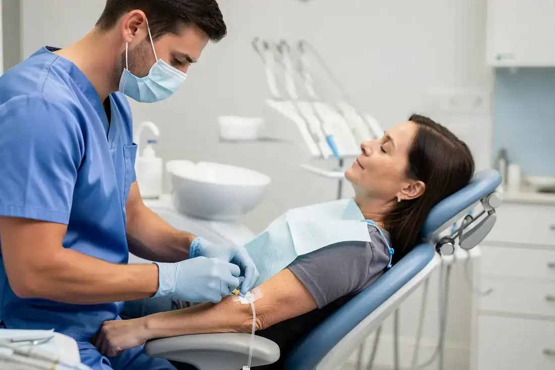 a dentist administering IV sedation to a patient