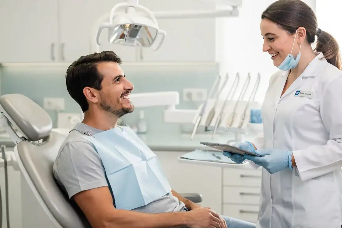 a patient happily engaged in conversation with a dentist at Dental Innovations