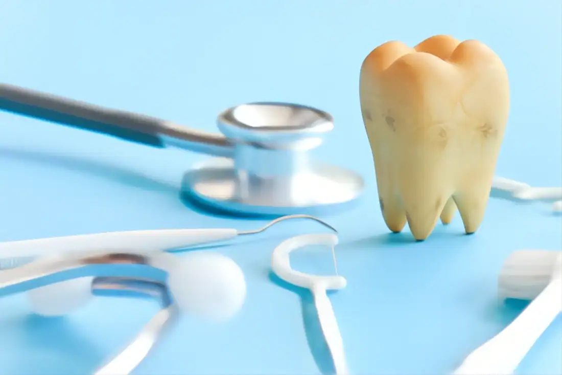 image of yellow tooth and dental instruments