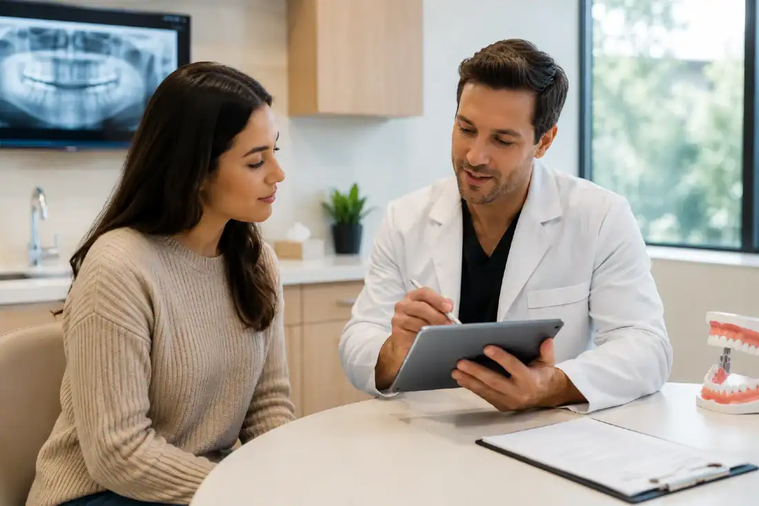 dentist and patient discussing dental treatment