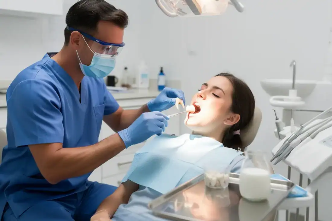 dentist demonstrating how to properly reinsert or store a knocked-out tooth