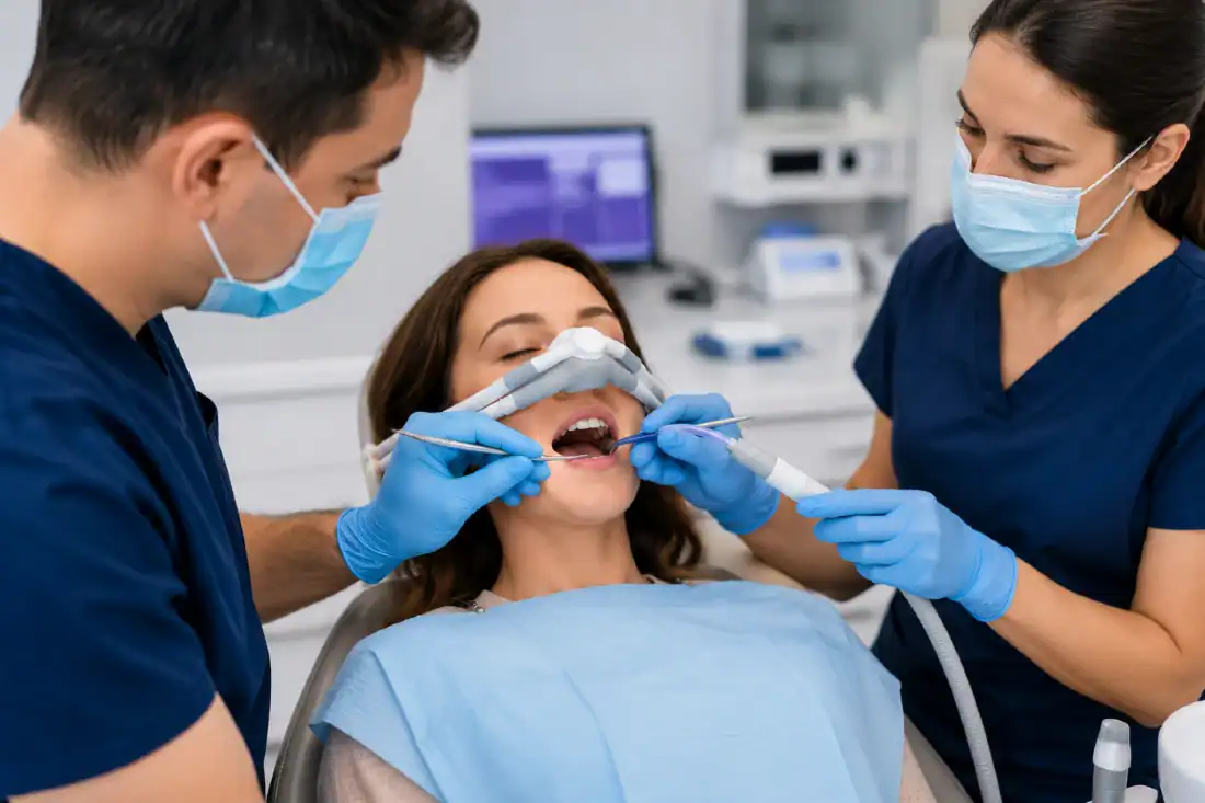 patient with open mouth receiving dental treatment