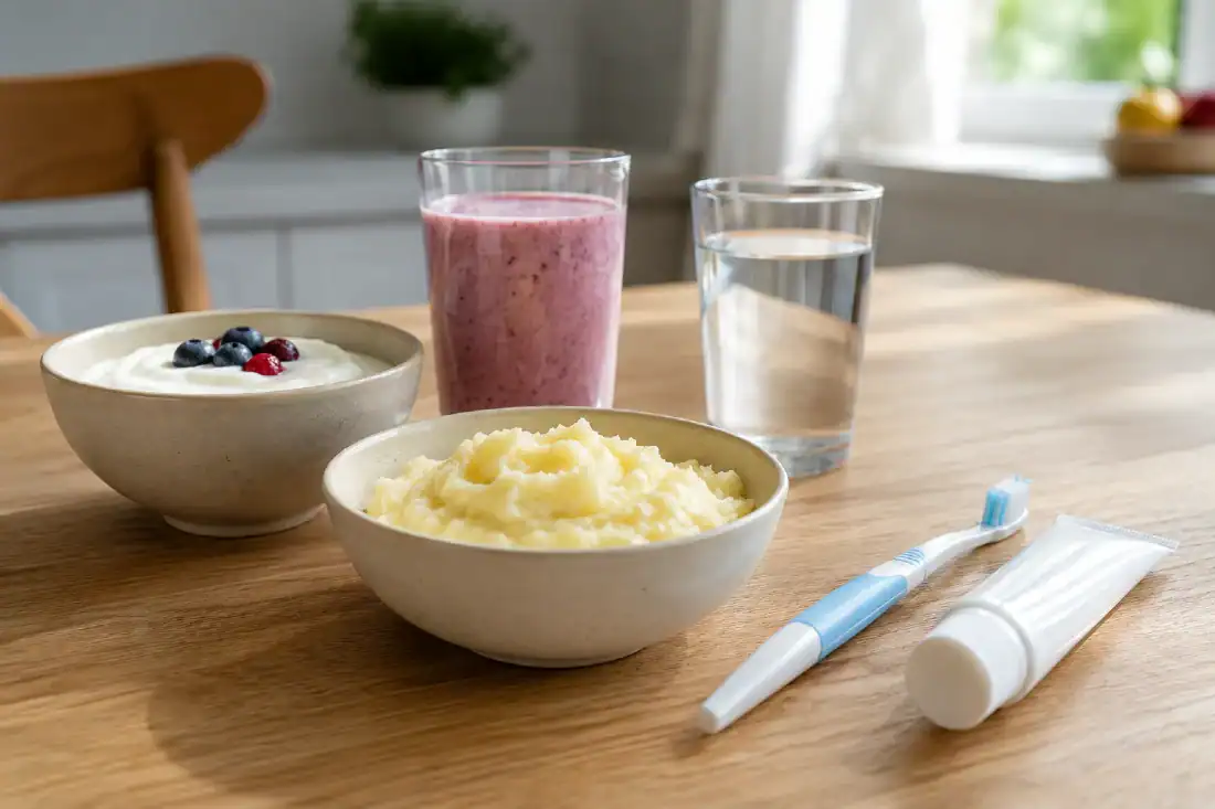 table with smoothie, porridge, mash, toothbrush and water on it