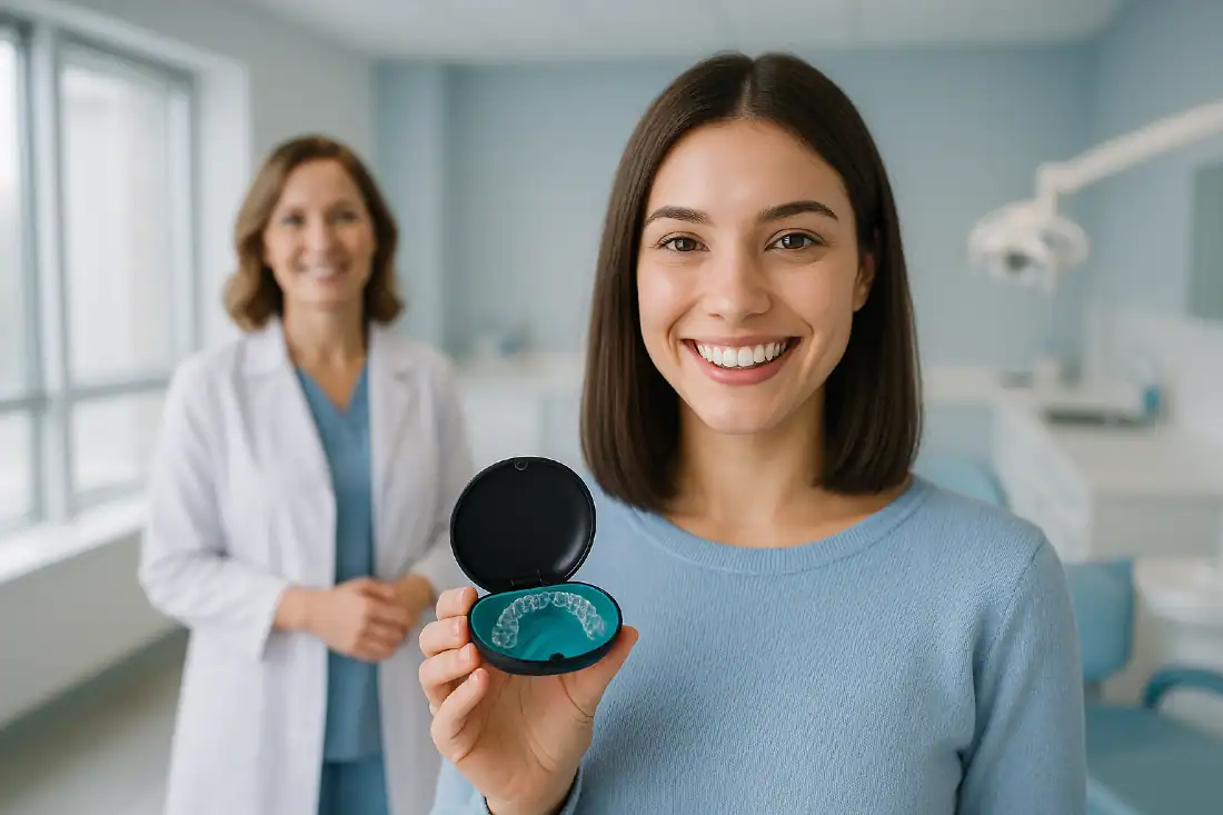 teen holding Invisalign clear aligner