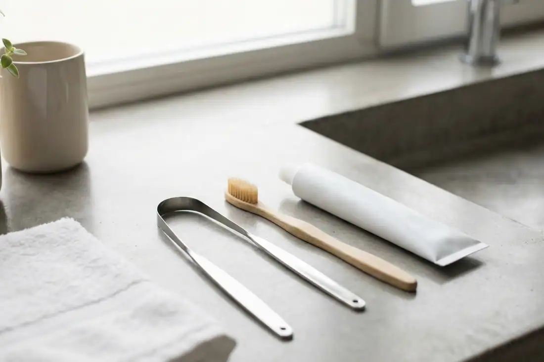 tongue scraper, toothbrush and toothpaste next to sink