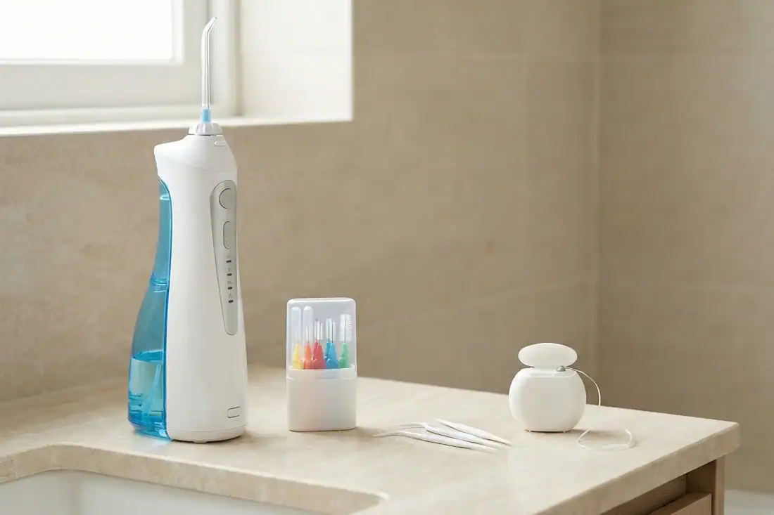 water flosser and dental tools next to sink