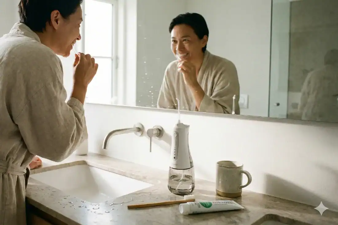 women smiling while doing dental routine